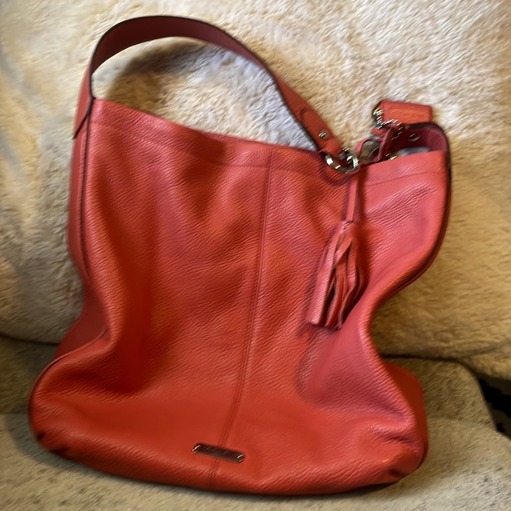Coral large coach hobo purse with silver hardware.  Coral trim inside to match - Picture 2 of 4